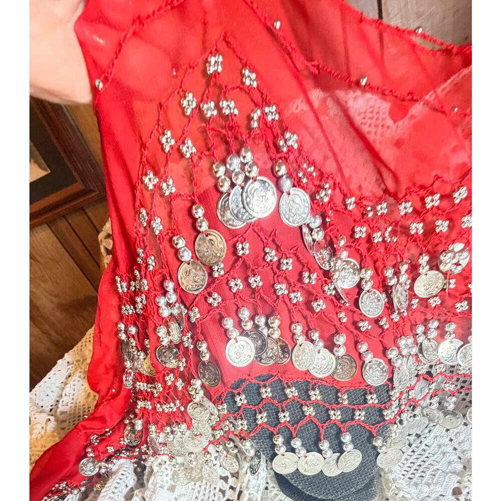 Red Belly Dance Hip Scarf Coin Wrap Sheer Chiffon Silver Tone Coins Used - Picture 9 of 16